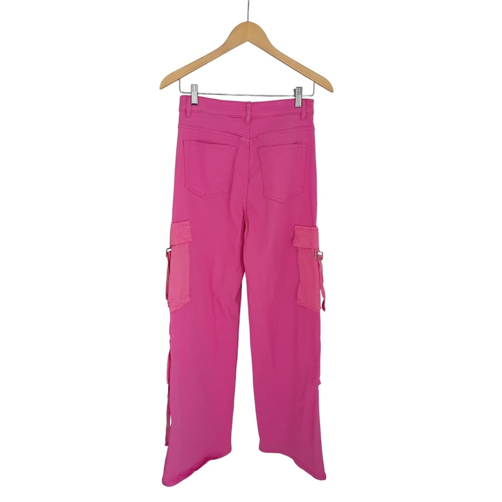 Hot Pink Cargo Jeans Wide Leg High Waisted Denim Pants - Picture 4 of 9